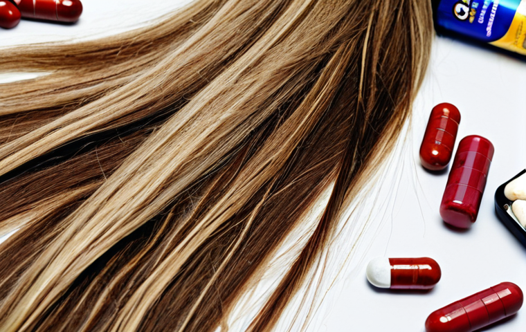 **Image Prompt:** A close-up shot of dry, damaged hair with split ends, accompanied by pills and supplement bottles scattered around. The overall tone is cautionary, highlighting the negative effects of excessive supplement use for hair health.